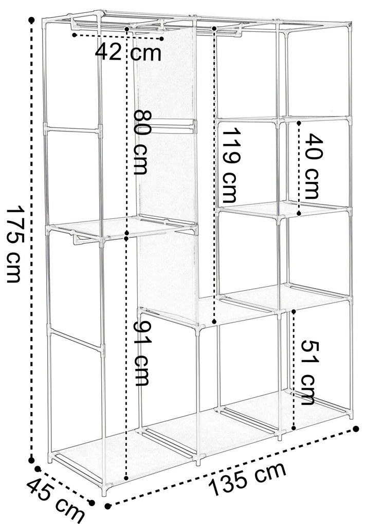 Látková šatníková skriňa s 8 policami CELINA antracitová
