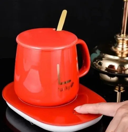 Sada keramického hrnčeka s elektrickým ohrievačom Lucky v darčekovom balení - red