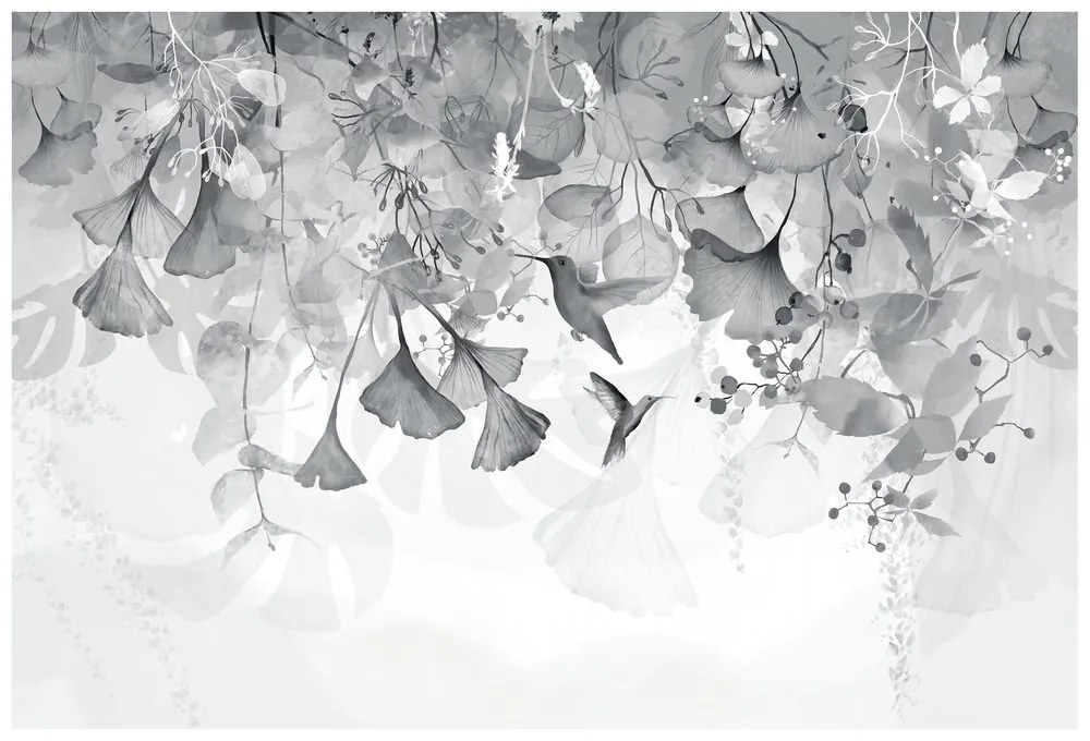 Samolepiaca tapeta listy s kolibríkmi v čiernobielom