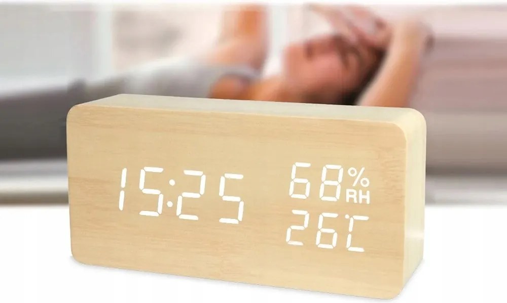 Elektronický budík s teplomerom a vlhkomerom VERK - USB - drevený dekor