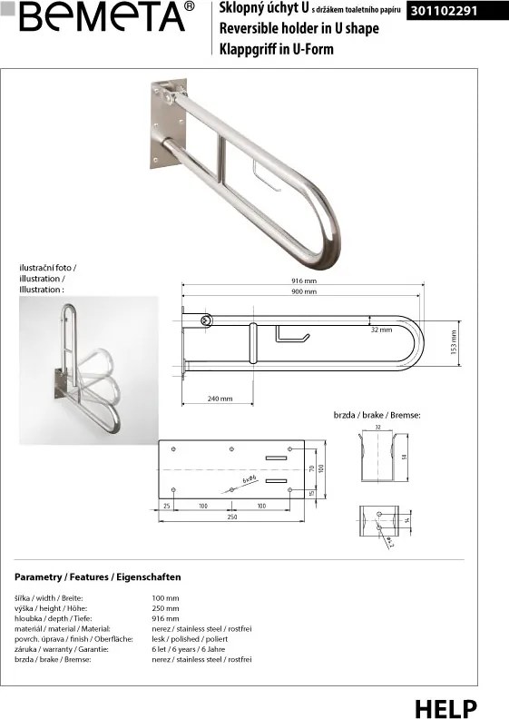 Bemeta Design HELP: Madlo, 900 mm, v tvare U, s držiakom TP, sklopné, bez krytky, nerez, lesk - 301102291