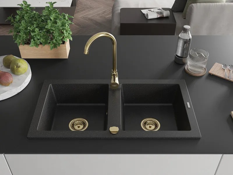 Mexen Mario, granitový drez 820x436x161 mm, 2-komorový, čierna-strieborná metalíza so zlatým sifónom, 6504822000-73-G