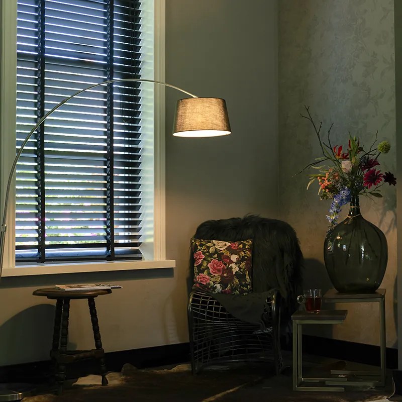 Moderná oblúková stojaca lampa oceľ s čiernym textilným tienidlom - Arc Basic