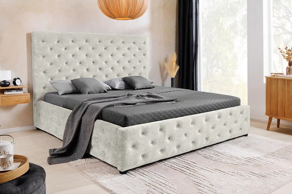 Dizajnová manželská posteľ s úložným priestorom Reims šampanská béžová zamat 180x200cm