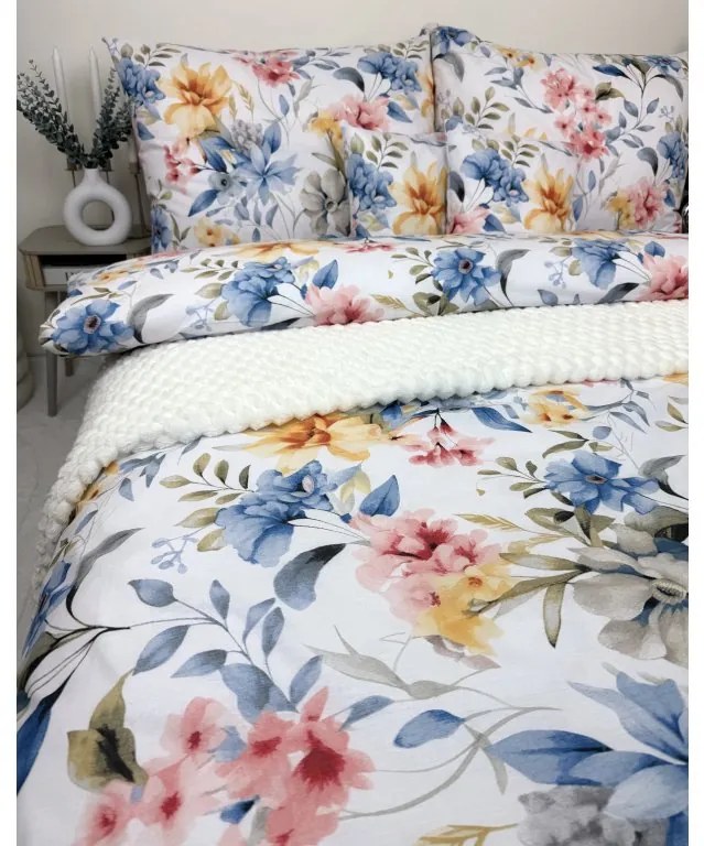 Obliečky Toscania 200x220 / 2×70x90 cm – 100% bavlna, kvetinový vzor, biely podklad s oranžovými, modrými a ružovými detailmi, zips
