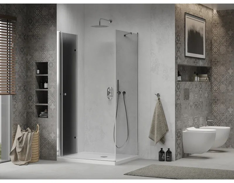 Mexen Lima, sprchový kút so skladacími dverami 80 (dvere) x 90 (stena) cm, 6mm šedé sklo, chrómový profil + slim sprchová vanička biela + chrómový sifón, 856-080-090-01-40-4010