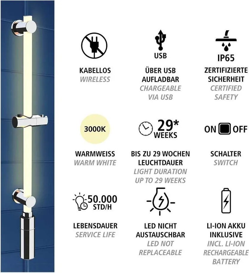 Nástenná sprchová tyč v striebornej farbe 74 cm LED – Wenko