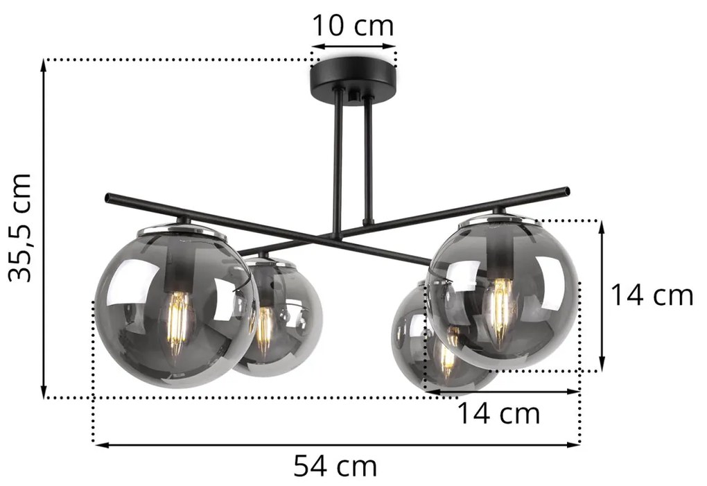 Stropné svietidlo PARIS, 4x grafitové sklenené tienidlo, CH
