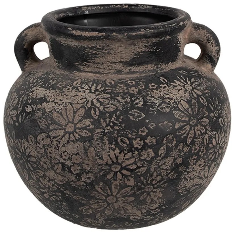 Čierno-sivý keramický obal na kvetináč s uchom a kvetmi - Ø 16*14 cm