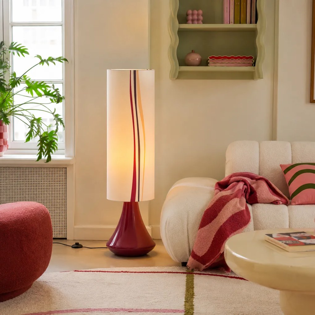 Retro stojaca lampa fialová s viacfarebným látkovým tienidlom - Mina