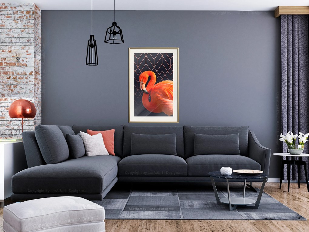 Artgeist Plagát - Flamingo Solo [Poster] Veľkosť: 30x45, Verzia: Zlatý rám s passe-partout