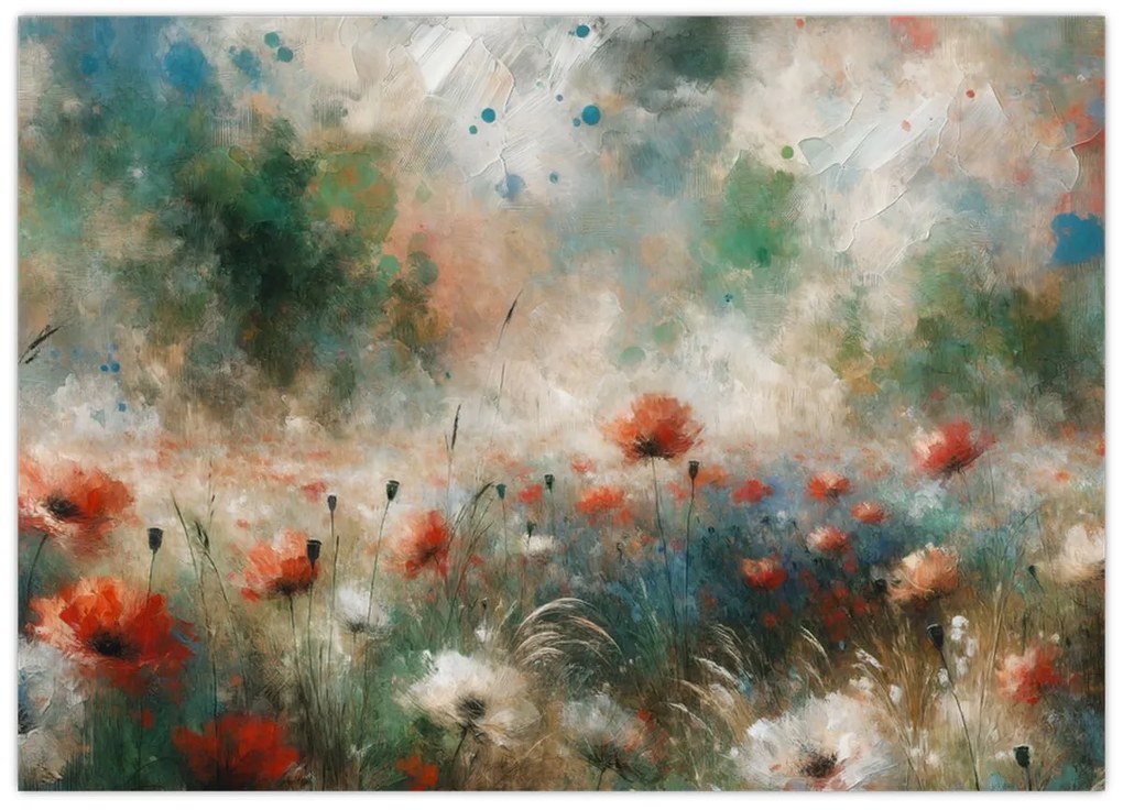 Sklenený obraz – Abstrakcia poľa s makmi (70x50 cm)
