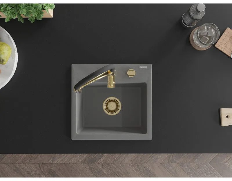 Mexen Milo, 1-komorový granitový drez 435x410x171 mm a drezová batéria Aster, šedá, 6505-71-73450-57-G