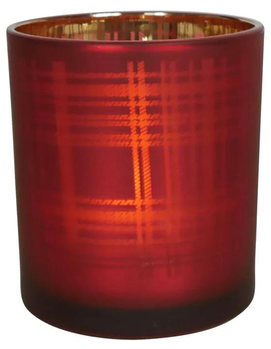 Červený sklenený kockovaný svietnik S - 7 * 7 * 8cm