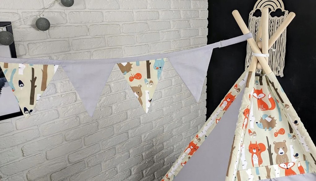 Detský stan TEEPEE (TÝPIE) ANIMALS s doplnkami - LESNÉ ZVIERATÁ - šedý/béžový