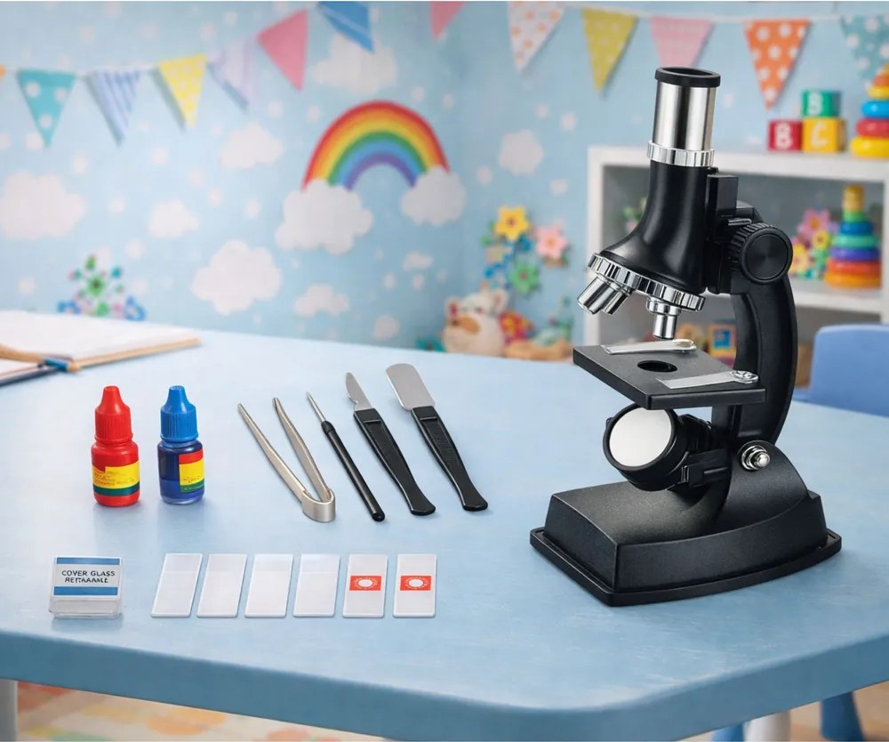 LEAN Toys Vzdelávací mikroskop pre deti s príslušenstvom, zväčšenie 300x