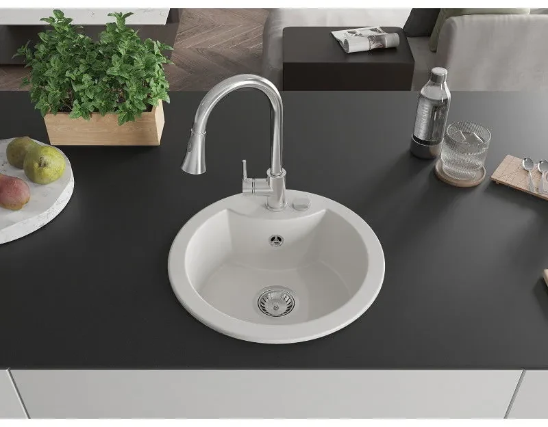 Mexen Diego, 1-komorový granitový drez 488x488x167 mm a drezová batéria Elia, biela, 6512-20-670101-00