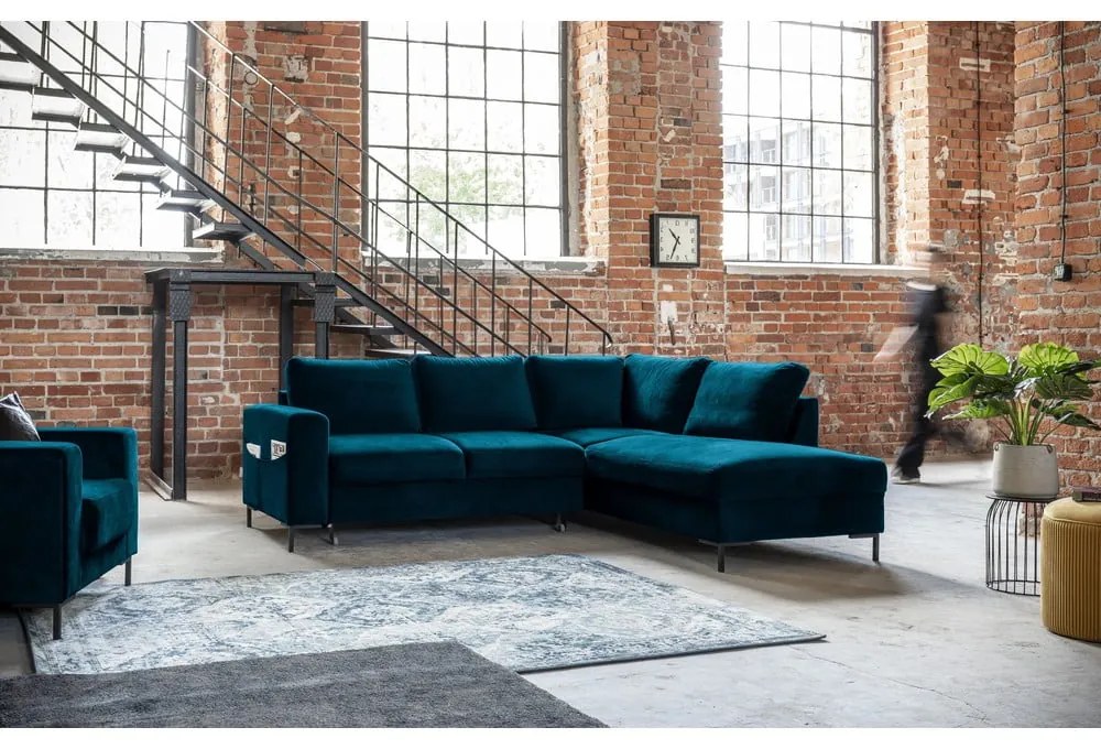 Tyrkysová zamatová rozkladacia rohová pohovka (pravý roh) Lofty Lilly – Miuform