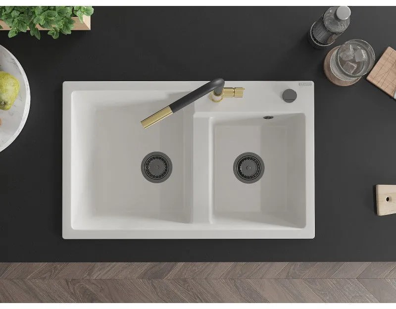 Mexen Tomas, 2-komorový granitový drez 800x500x190 mm a drezová batéria Flora, biela, 6516-20-670401-57-B