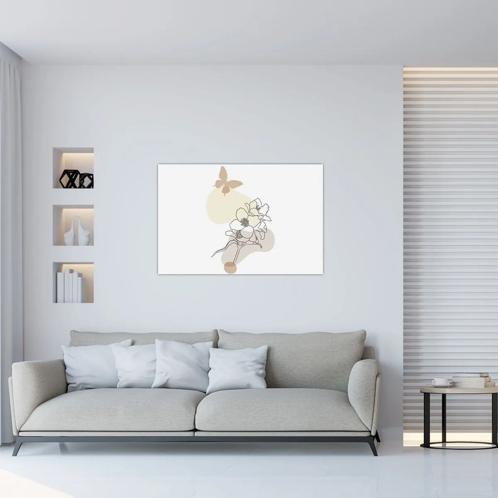 Obraz - Béžové kvety s motýľom N⁰3 (90x60 cm)