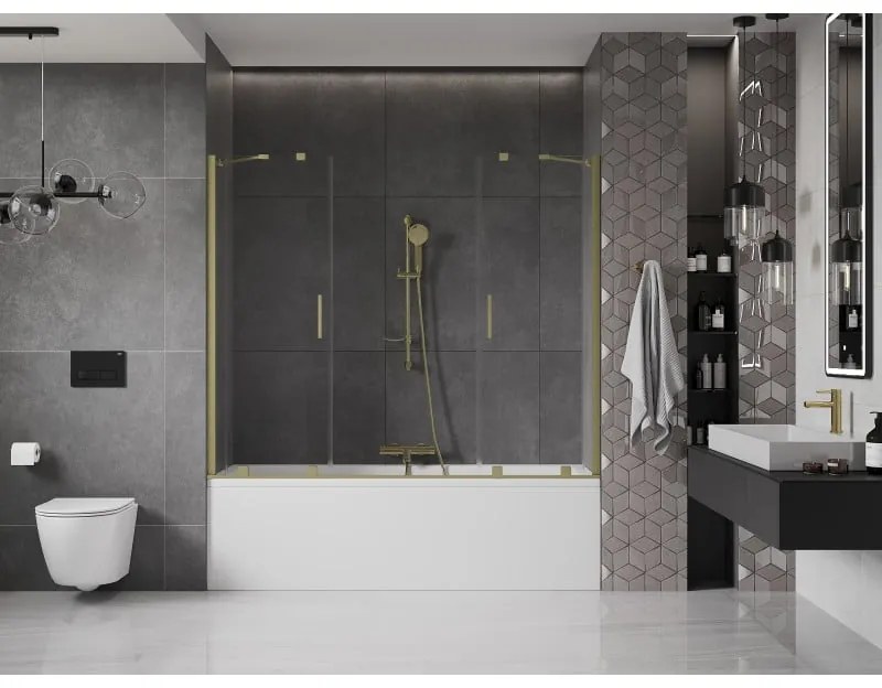 Mexen Velar Duo, vaňová zástena 2-krídlová s posuvnými dverami 190 x 150 cm, 8mm číre sklo, zlatý matný profil, 896-190-000-02-55