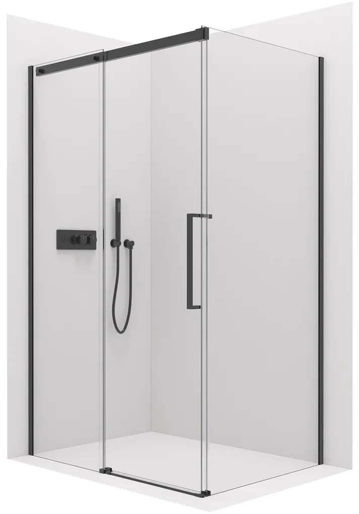 Cerano Lantono, sprchovací kút s posuvnými dverami 100(dvere) x 90(stena) x 195 cm, 8mm číre sklo, čierny profil, CER-CER-432953