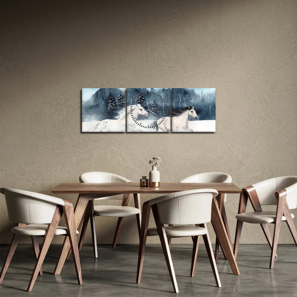Obraz maľovaných koní (s hodinami) (90x30 cm)