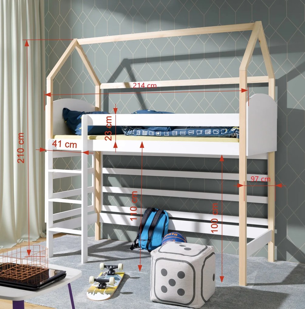 Detská vyvýšená posteľ z masívu borovice OLYMPIA - 200x90 cm - prírodná borovica/biela