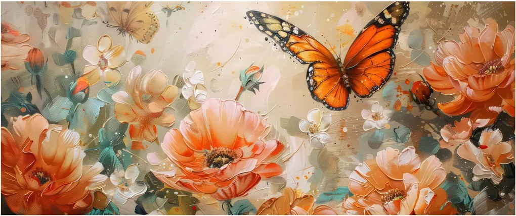 Obraz - Motýľ a kvety, olejomaľba (120x50 cm)