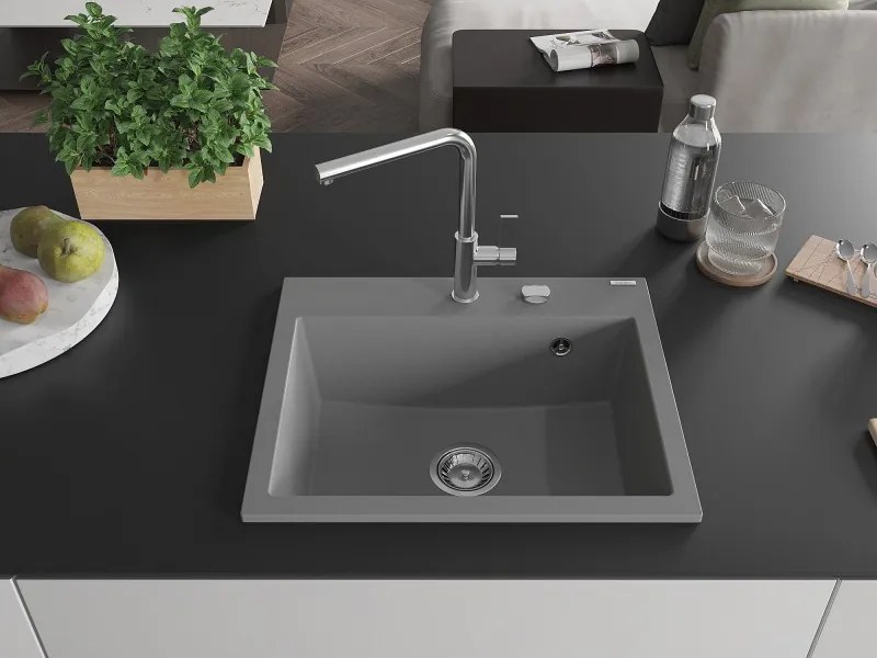 Mexen Oscar granitový drez 1-komorový 580 x 490 mm, sivý, sifón chróm - 6519581000-71