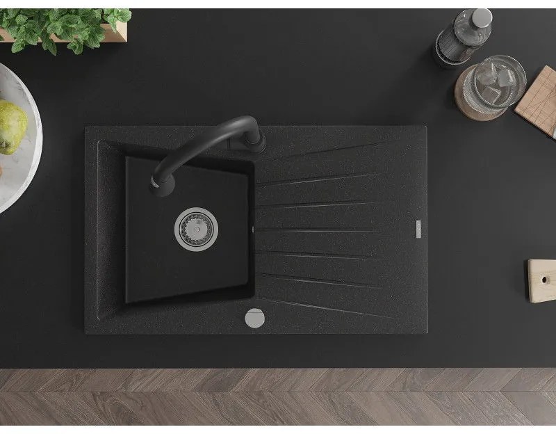 Mexen Cesar, 1-komorový granitový drez 775x470x190 mm a drezová batéria Elia, čierna-strieborná metalíza, 6514-73-670101-70