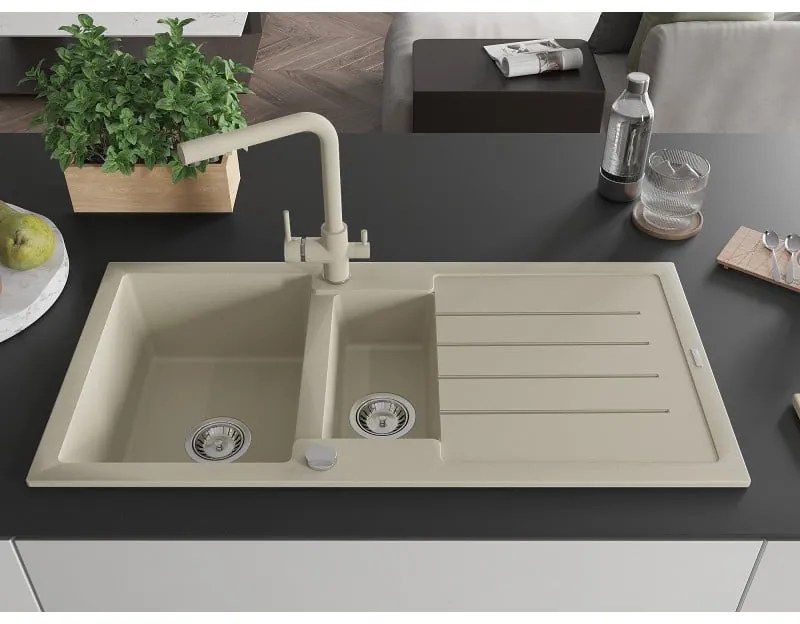 Mexen Andres, granitový drez 1000x500x200 mm, 1,5-komorový + béžová batéria Duero, béžová, 6515-69-671600-69