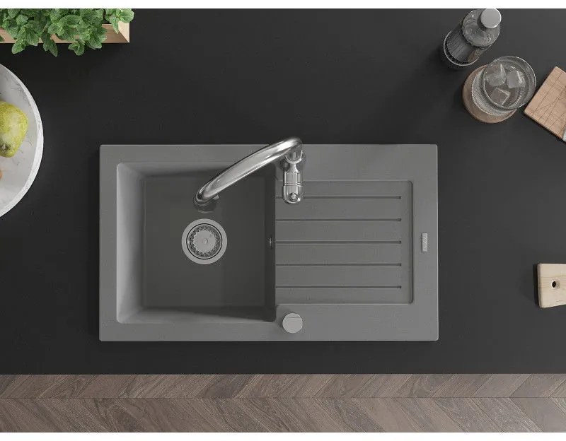 Mexen Pablo, granitový drez 752x436x161 mm, 1-komorový a drezová batéria Savita, šedá, 6510-71-672601-00