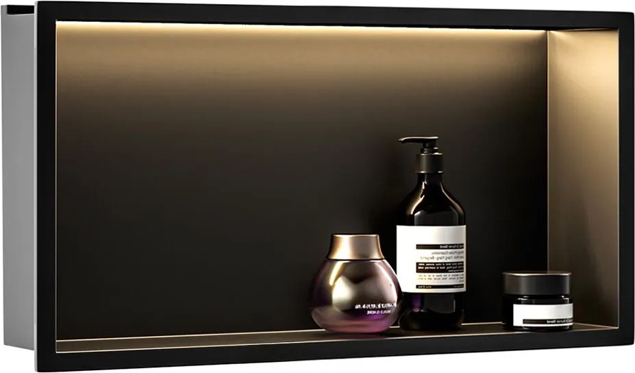 Rea Vstavaná kúpeľňová polica s LED osvetlením 60x30 cm, čierna
