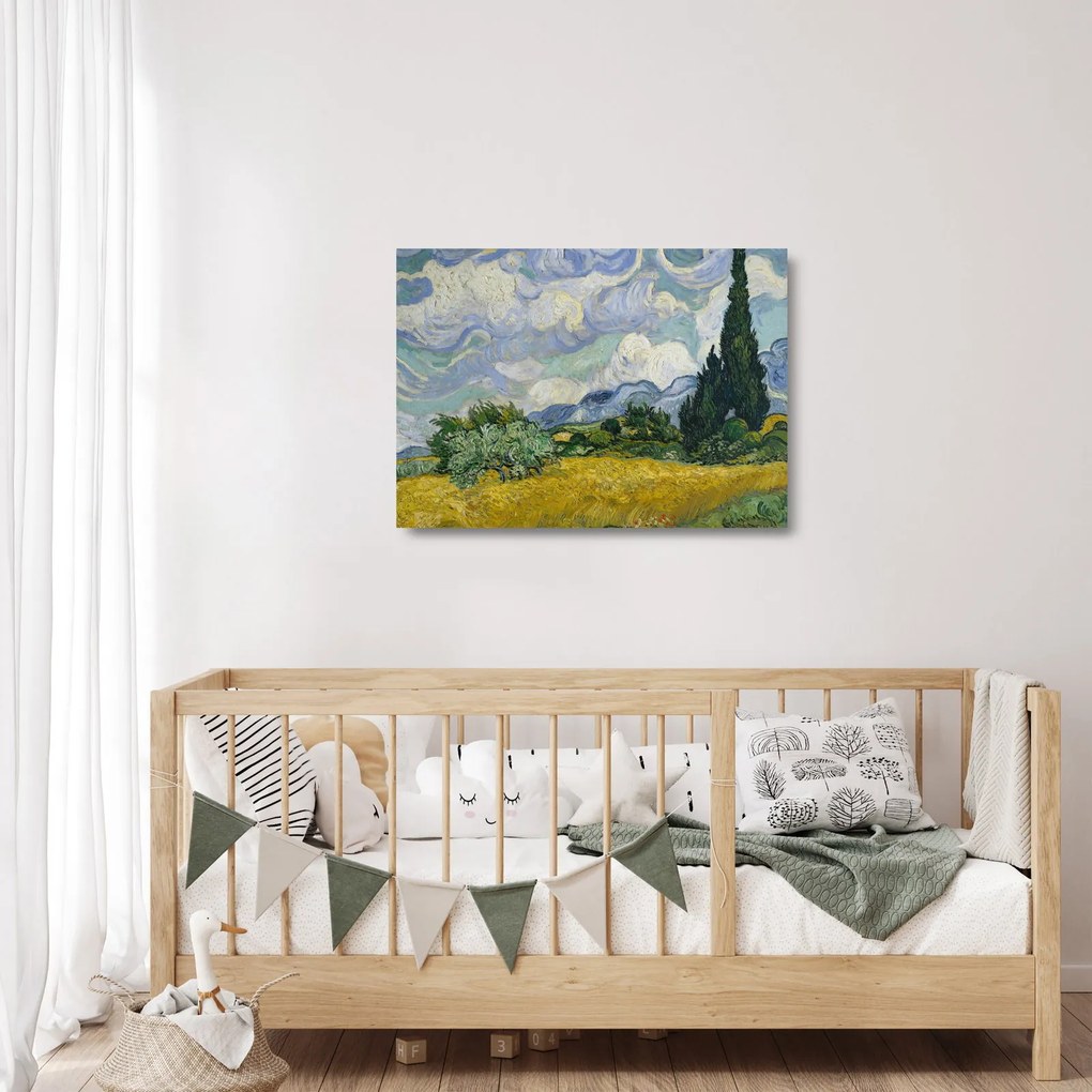 Sklenený obraz - Vincent van Gogh, Wheat Field with Cypresses, reprodukcia (70x50 cm)