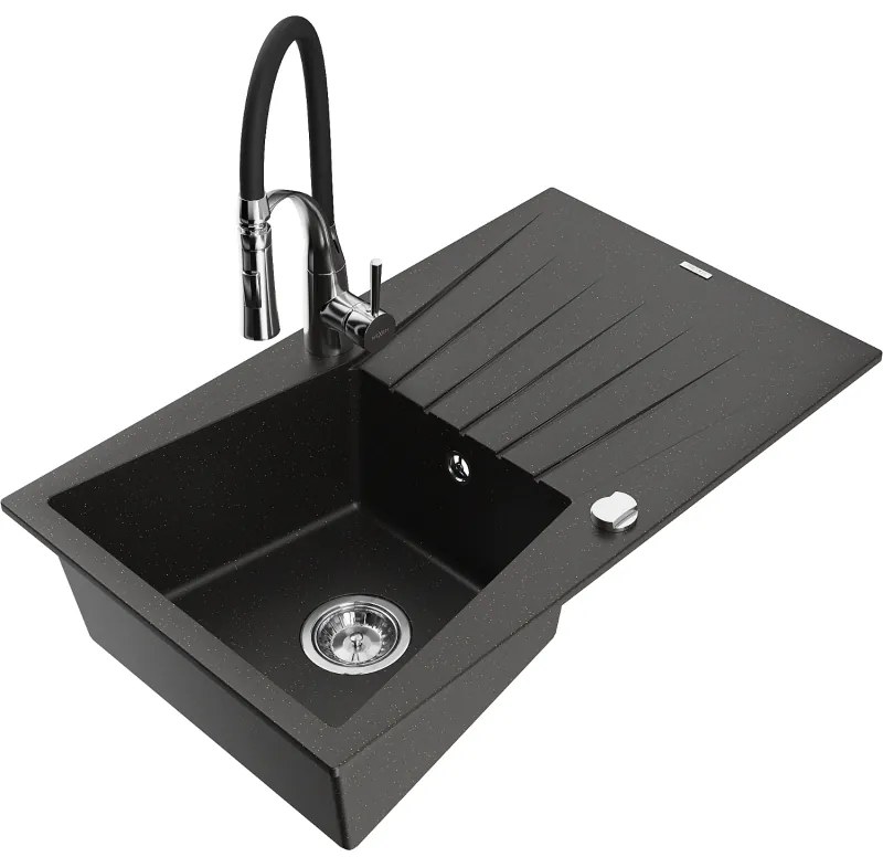 Mexen Cesar, 1-komorový granitový drez 775x470x190 mm a drezová batéria Aster, čierna-zlatá metalíza, 6514-75-73450-07