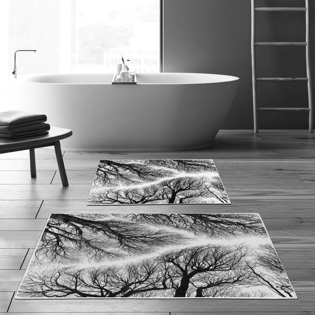 Súprava 2 kusov kúpeľňových predložiek so stromovým vzorom, čierna/biela