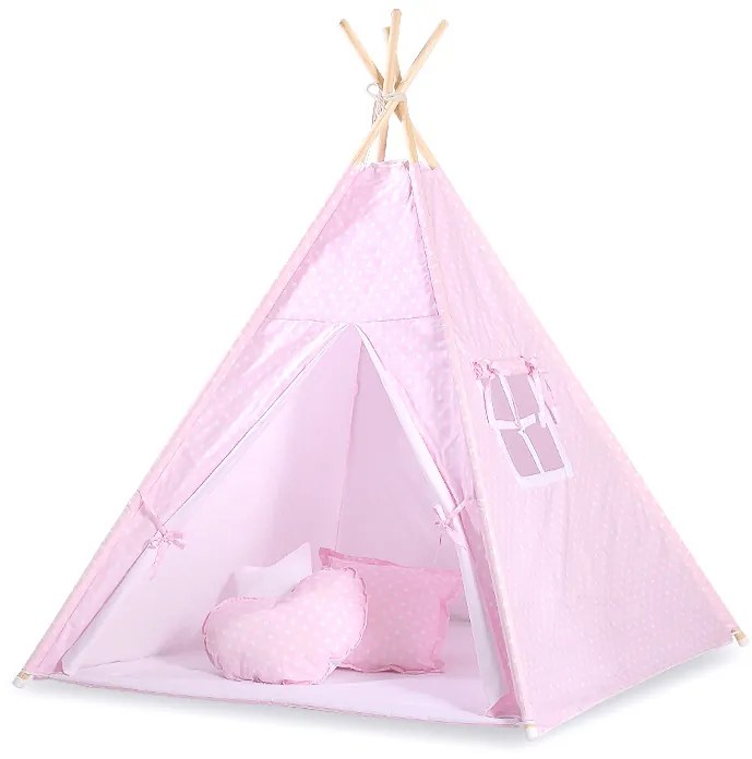 Bobono Stan Teepee pre deti + podložka na hranie + ozdobné pierka - Biele bodky na ružovej