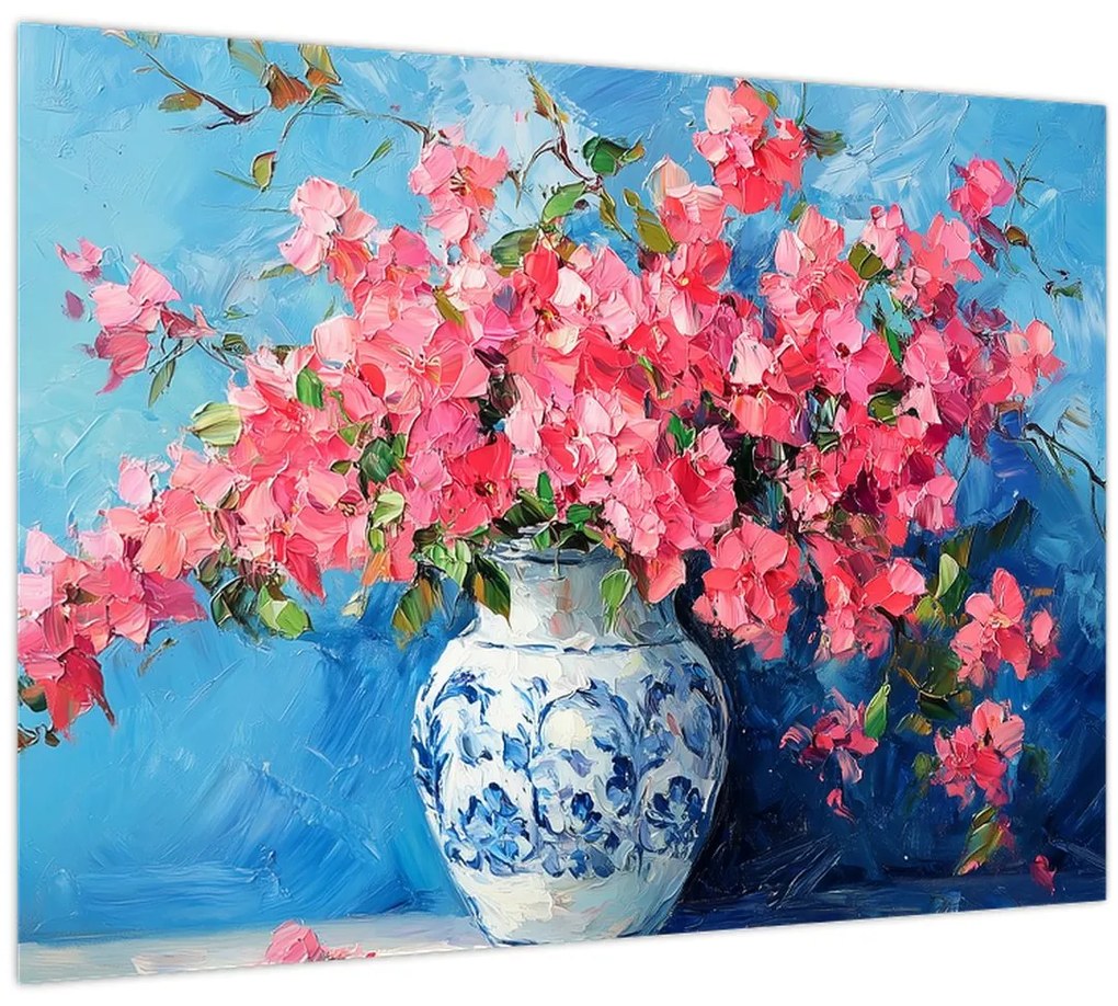 Sklenený obraz - Váza ružových kvetov (70x50 cm)