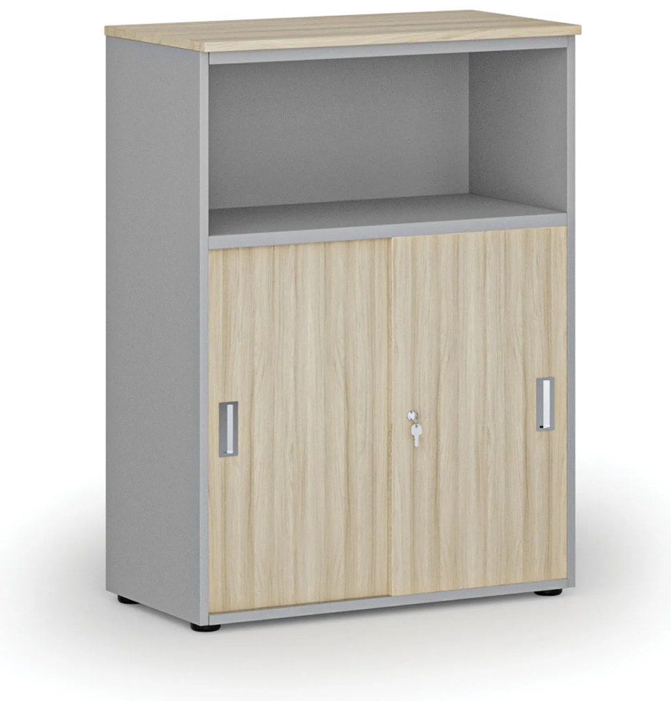 Kombinovaná kancelárska skriňa so zásuvnými dverami PRIMO GRAY, 800 x 420 x 1087 mm, sivá/dub prírodný