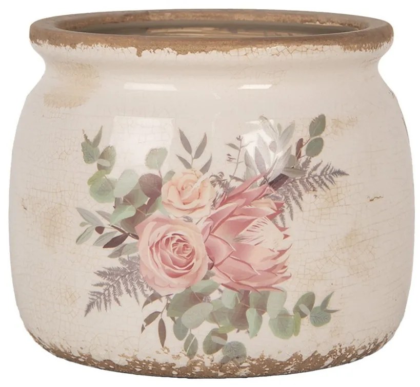 Béžový keramický kvetináč s kvetmi Protea Eucalypt M - Ø 16*13 cm