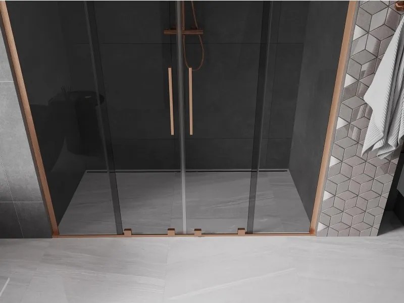 Mexen Velar L Duo, posuvné sprchové dvere do otvoru 200 cm, 8mm šedé sklo, medená matná, 871-200-003-42-65