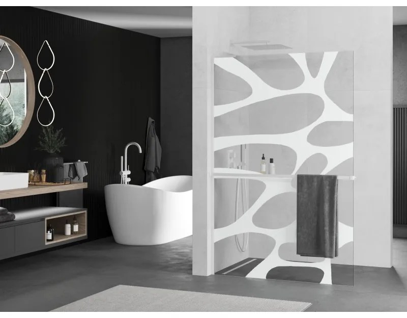 Mexen Kioto+ L, sprchová zástena Walk-In s poličkou a vešiakom 120 x 200 cm, 8mm číre sklo biely vzor, biely profil, 800-120-123-20-97