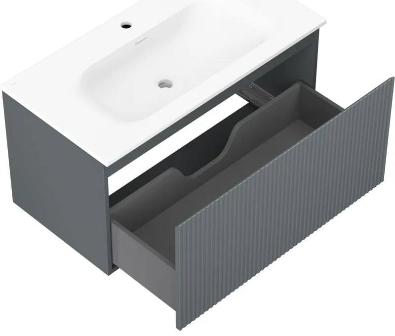 Mexen Rivel, kúpeľňová skrinka 90 cm s umývadlom Vela, 1 zásuvka, drážkovaná, grafitová matná/biela matná, 91A20-09047-1-BF66-W23M01