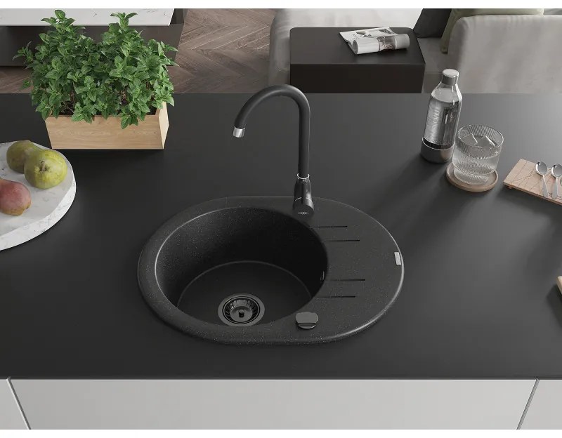 Mexen Kevin, drez granitový 586x458x190 mm, 1-komorový a čierna matná batéria Telma, čierna - strieborná metalíza, 6517-73-670200-70-B