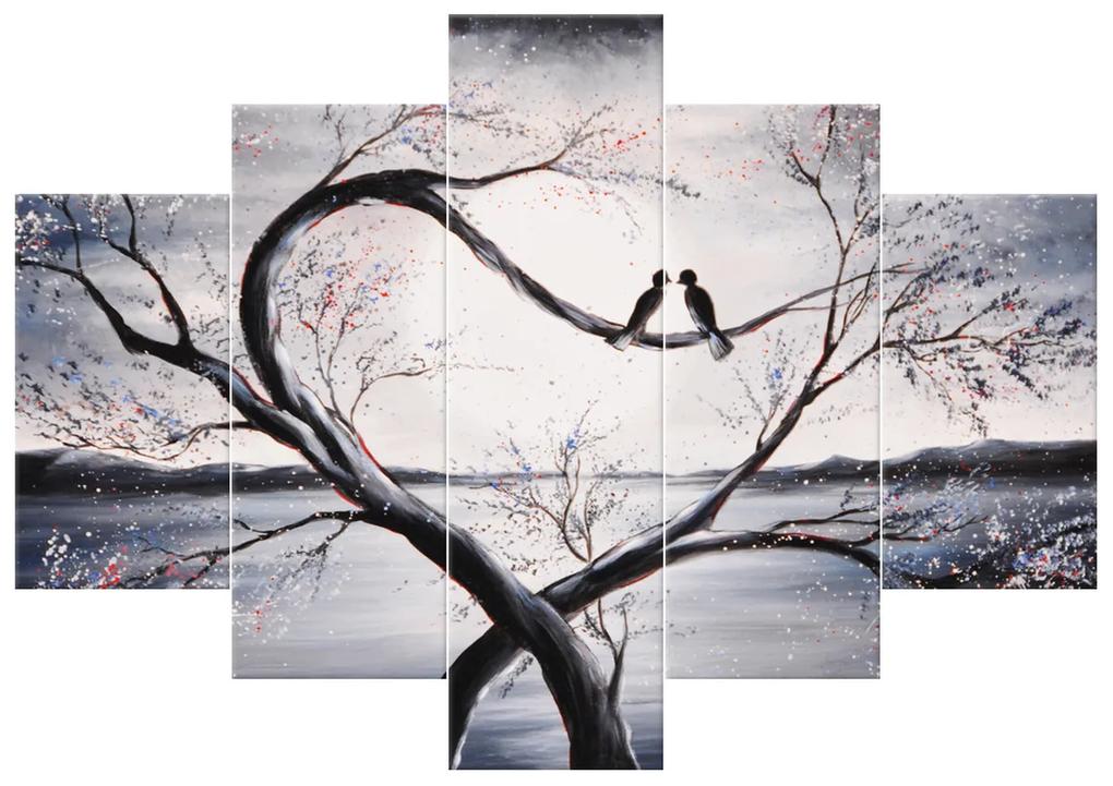 Gario Ručne maľovaný obraz Vtáčia láska na konári - 5 dielny Rozmery: 150 x 70 cm