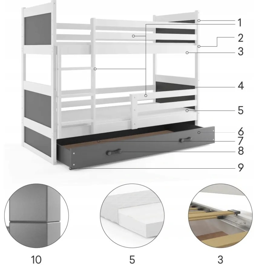 Interbeds Rico poschodová posteľ 160cm x 80cm borovicové drevo sivo-biela