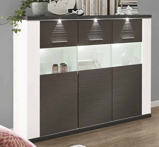 Široká vitrína Caracas typ 22, grafit/biely lesk, s osvetlením