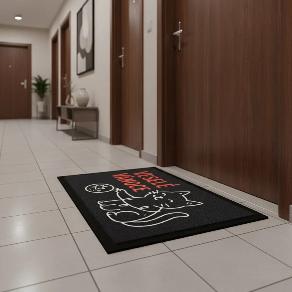 Rohožka Veselé Vianoce s mačkou 40x60 cm, 40x60, čierna, Mercury Flooring