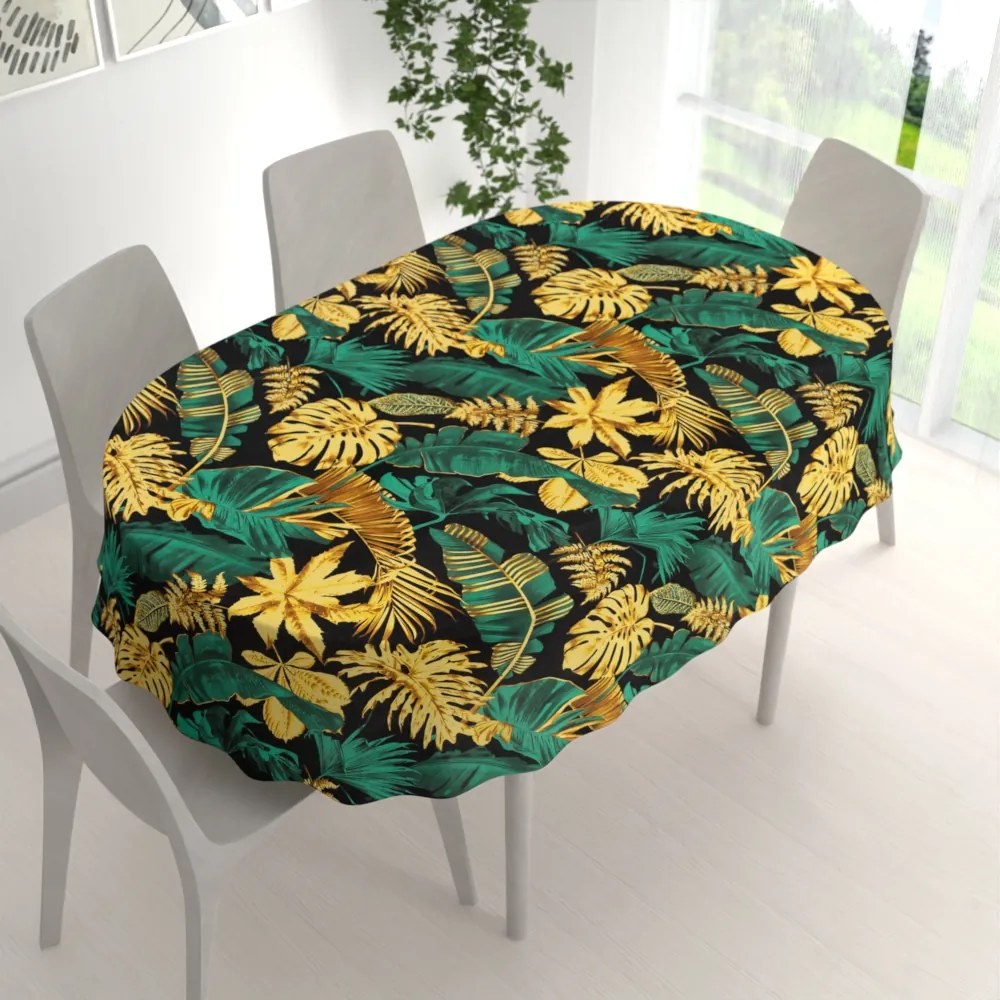 Biante Bavlnený oválny obrus Sandra SA-603 Zeleno-zlaté tropické listy na čiernom 100x140 cm